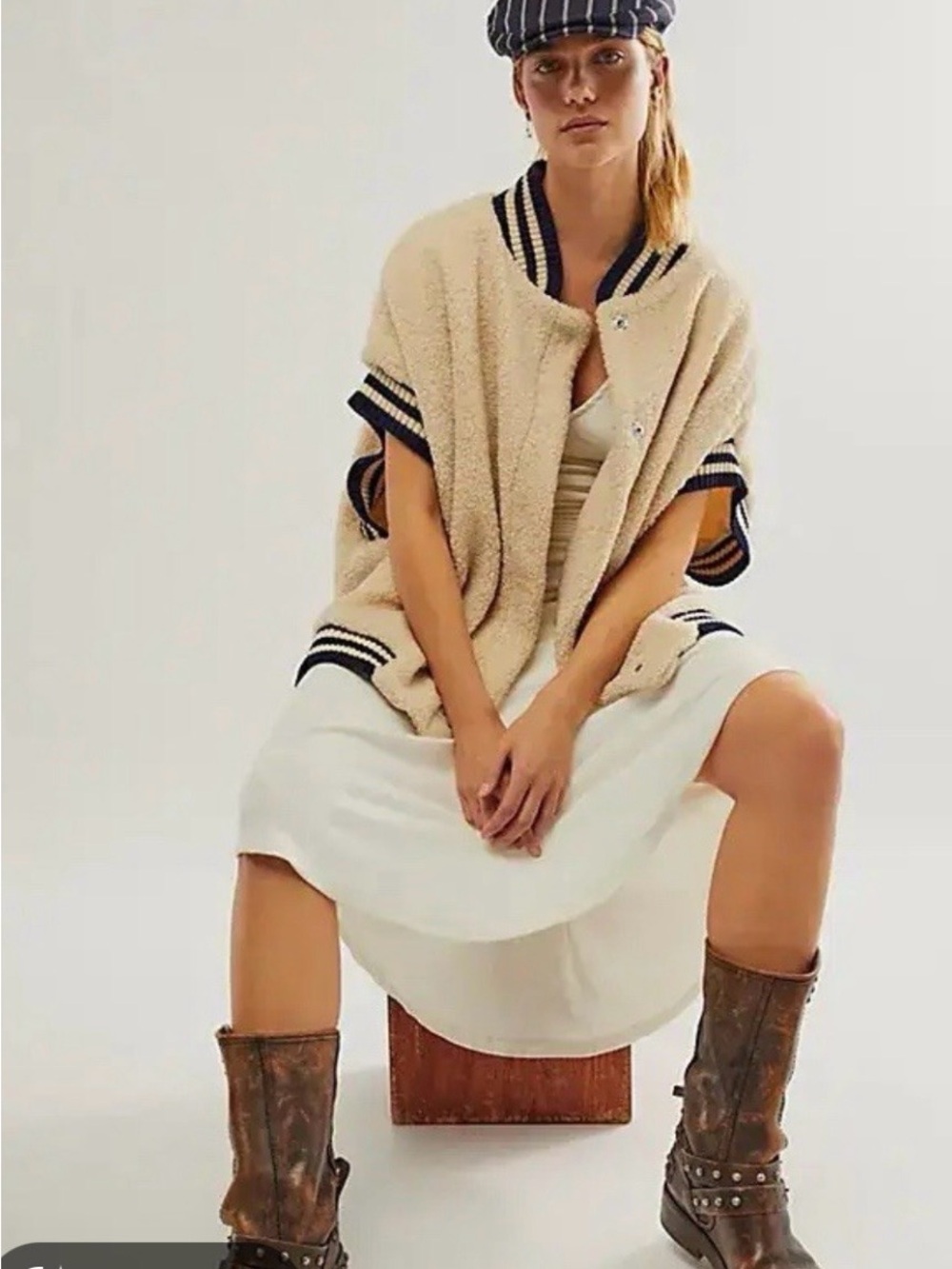 Free People Ivory Sherpa Varsity Cape with Navy Stripe Trim